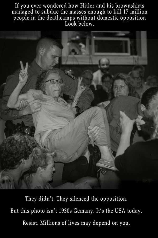 A senior lady is dragged out of her seat at a town hall event by uniformed thugs after having asked a question on when her Representative would stand up for the rule of law against the Trump administration.

Text above the photo says, "If you ever wondered how Hitler and his brownshirts managed to subdue the masses enough to kill 17 million people in the deathcamps without domestic opposition, look below."

Text below the photo says, "They didn't. They silenced the opposition. But this photo isn't 1930s Germany. It's the USA today. Resist. Millions of lives may depend on you."