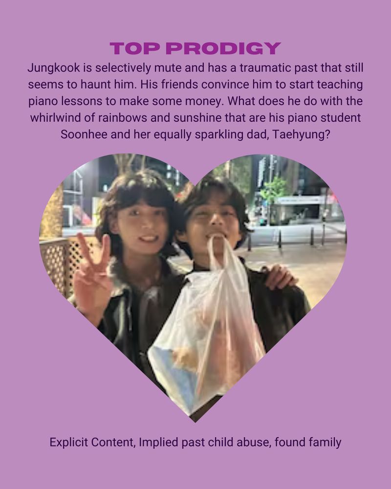 On a pale purple background it reads the text in the post and in the middle it has a heart with Taehyung with a plastic bag in his hand and Jungkook making a peace sign looking very baby girl with his long adorable hair