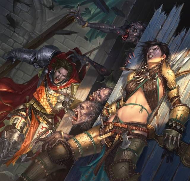 Amiri the barbarian holding the splintered remnants of a door against three monstrous denizens of the dungeon they explore as the monsters attempt to attack her and her companion, Alain the Cavalier.