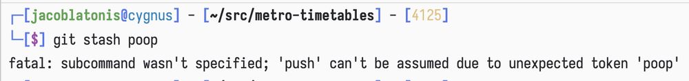 a screenshot of a terminal where I typed "git stash poop" instead of "git stash pop"