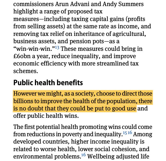 A quote from an article in the British Medical Journal by Kate Pickett and David Taylor-Robinson: "However we might, as a society, choose to direct those billions to improve the health of the population, there is no doubt that they could be put to good use and offer public health wins.
The first potential health promoting wins could come from reductions in poverty and inequality. Among developed countries, higher income inequality is related to worse health, lower social cohesion, and environmental problems."