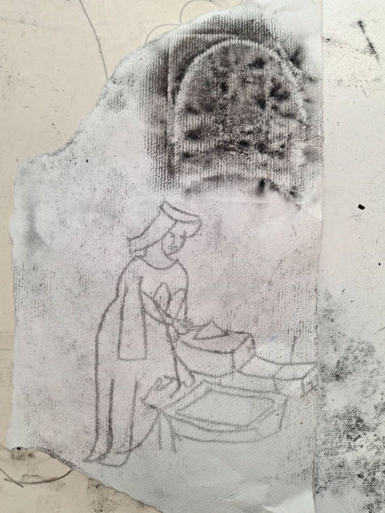 FI: Hiilikopiopiirros Christine de Pizanista muuraushommissa
Eng: drawing, charcoalcopy of Christine de Pizan laying bricks
