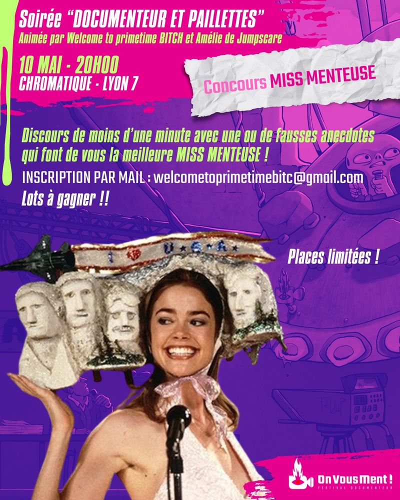 Election de Miss Menteuse ou Mister Menteur
Discours de moins d'une minute avec une fausse anecdote pour convaincre notre jury que vous savez très bien mentir. Des supers lots à gagner. 
Inscription par email : welcometoprimetimebitc@gmail.com