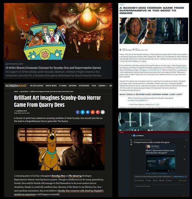 various screenshots of news articles about the scooby doo piece