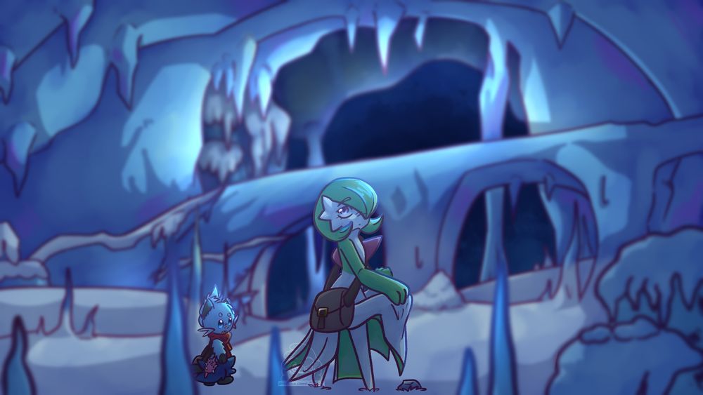 An illustration featuring a Gardevoir and Dewott exploring an icy cave. Both Pokemon wear bags, though the Dewott is also wearing a red scarf and a rope in his hip, tying an Azure Flute. The cave is riddled with ice stalactictes and stalagmites, columns, rocks and even a bridge made out of ice.