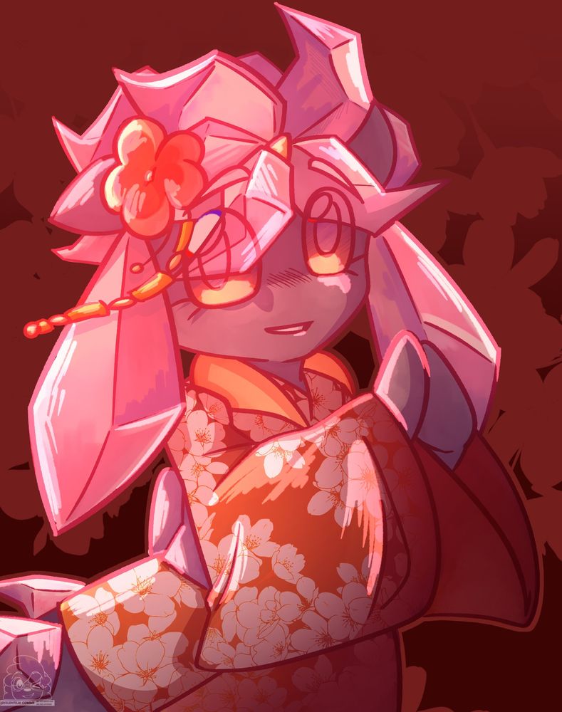 A half body piece featuring a Diancie. Its wearing a red kimono with a flower pattern and a flower accesory. The forehead crystal is also shaped like a flower. The Diancie has its hands clasped together while smiling.