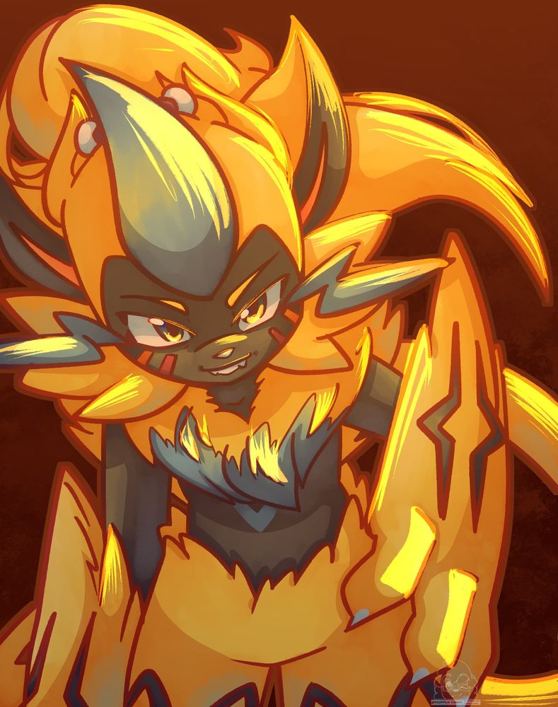 A half body commission of a Zeraora with a ponytail. The Pokémon is looking at the camera with a prideful, maybe malicious expression while placing their right hand on their hip.