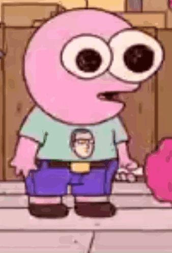 a cartoon character with big eyes and glasses is wearing a blue shirt and blue shorts .