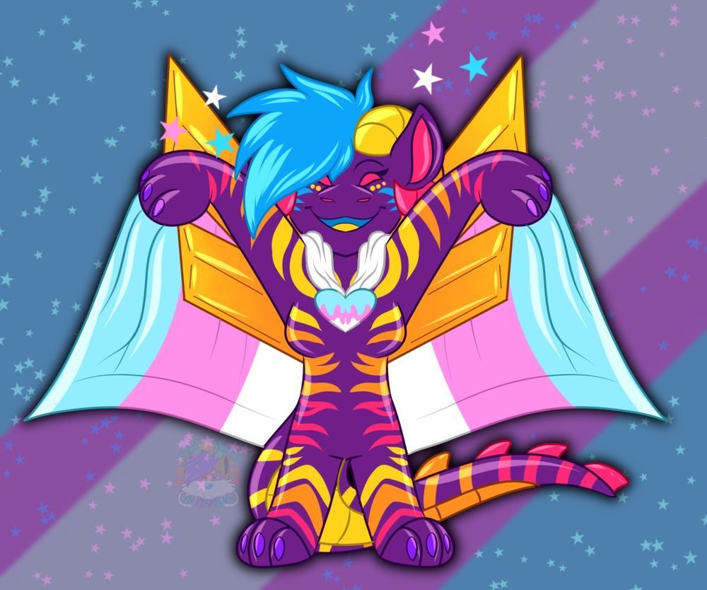 A small cartoonist looking dragon holding a trans flag behind her