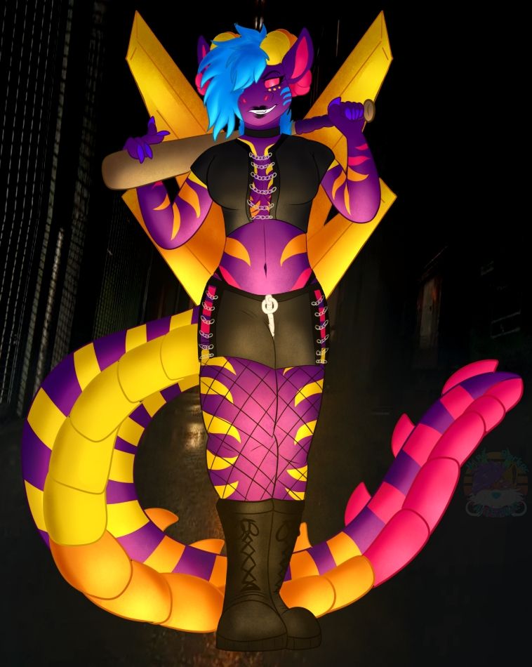 Pin-up pose of valkyrja wearing a goth outfit of a crop tank, miniskirt and boots with a baseball bat behind her neck