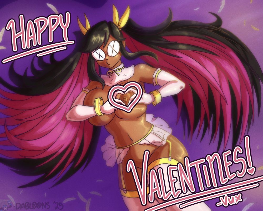 An illustration of my OC Vux for Valentine's Day. Written in the top left is "Happy" and at the bottom right is "Valentines!" signed Vux. Vux herself is making a heart sign with her index and middle fingers over her left nipple and making a kissy face to the viewer. Her hair is tied up with yellow ribbons, with her pair of twintails fanning out in a way that's intended to resemble cupid wings. She's wearing a sort of nun collar with a yellow ribbon tied around the neck, white arm-length gloves with yellow cuffs, a yellow and white garterbelt with a short sheer skirt wrapping around her waist, and yellow-trimmed thigh high socks. She lays on a purple, heart-shaped bed with feathers scattered around her.