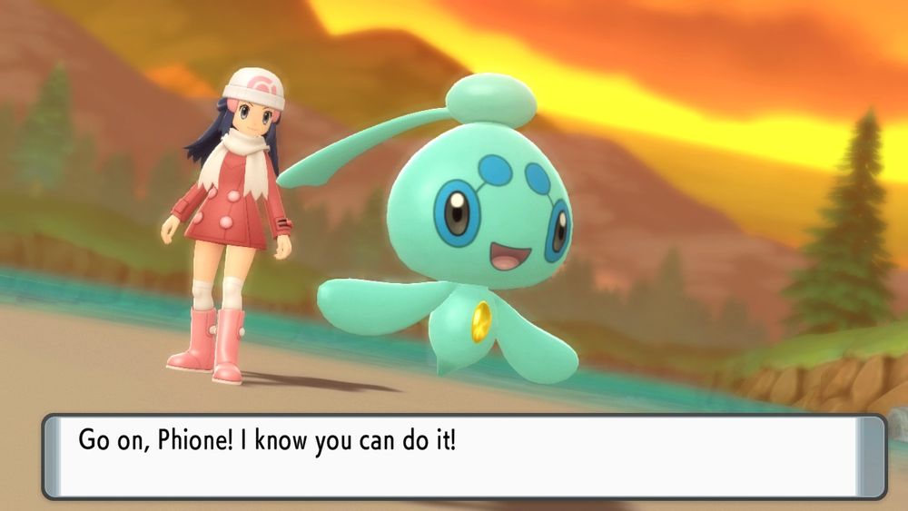 Shiny Phione is sent out by Dawn in her platinum outfit on a beach as dusk sets in. A textbook reads, " Go on, Phione! I know you can do it!"
