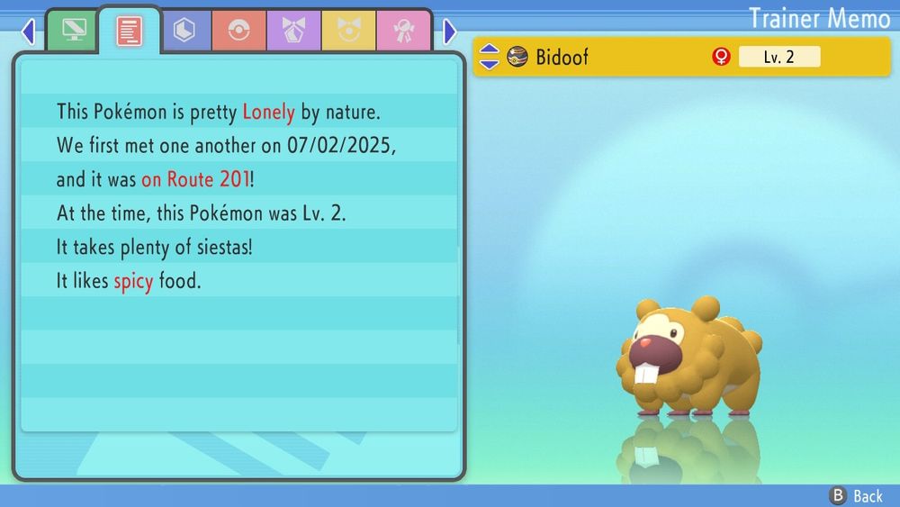 Shiny female bidoof caught in a luxury ball. It says caught on 7/2 but the clock on my switch is fast, it was also caught on 7/1, bidoof day
