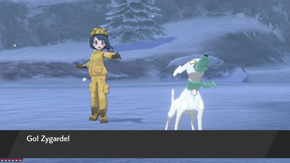 Gloria in a golden expedition suit with blue hair and pronouns sends out shiny zygarde 10% forme. "Go! Zygarde!" Is displayed in a text box