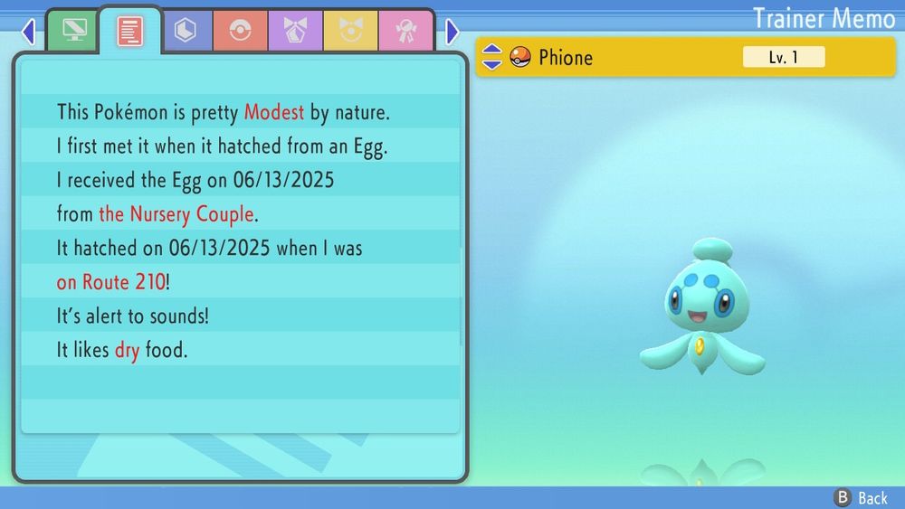 Shiny Phione in a pokeball, modest nature, hatched on June 13th
