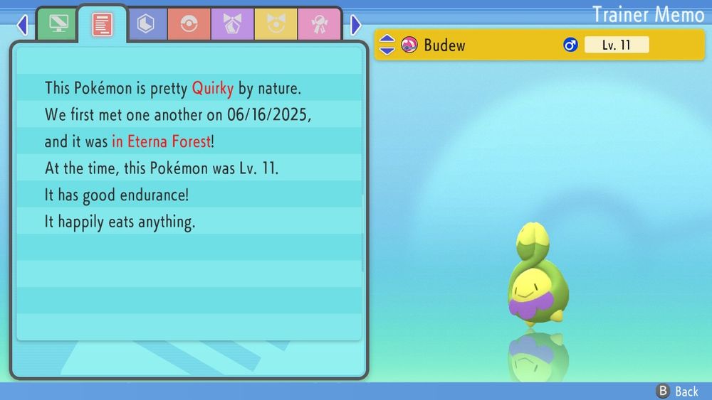 Shiny Budew, in a heal ball, quirky by nature. Caught on June 16th