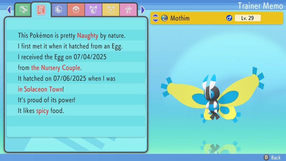 Shiny mothim, in a moon ball, obtained on July 6th.