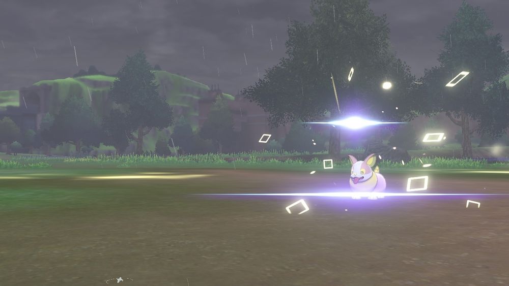 Square shiny yamper sparkles on electric terrain while it's raining.