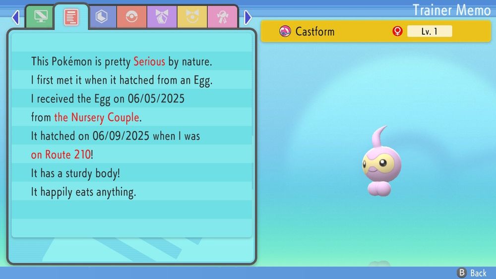 Shiny castform in a heal ball. Serious by nature. Hatched on June 9th.