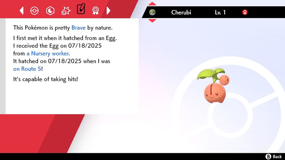 Shiny cherubi in a safari ball in swsh. Brave by nature. Hatched on July 18th.