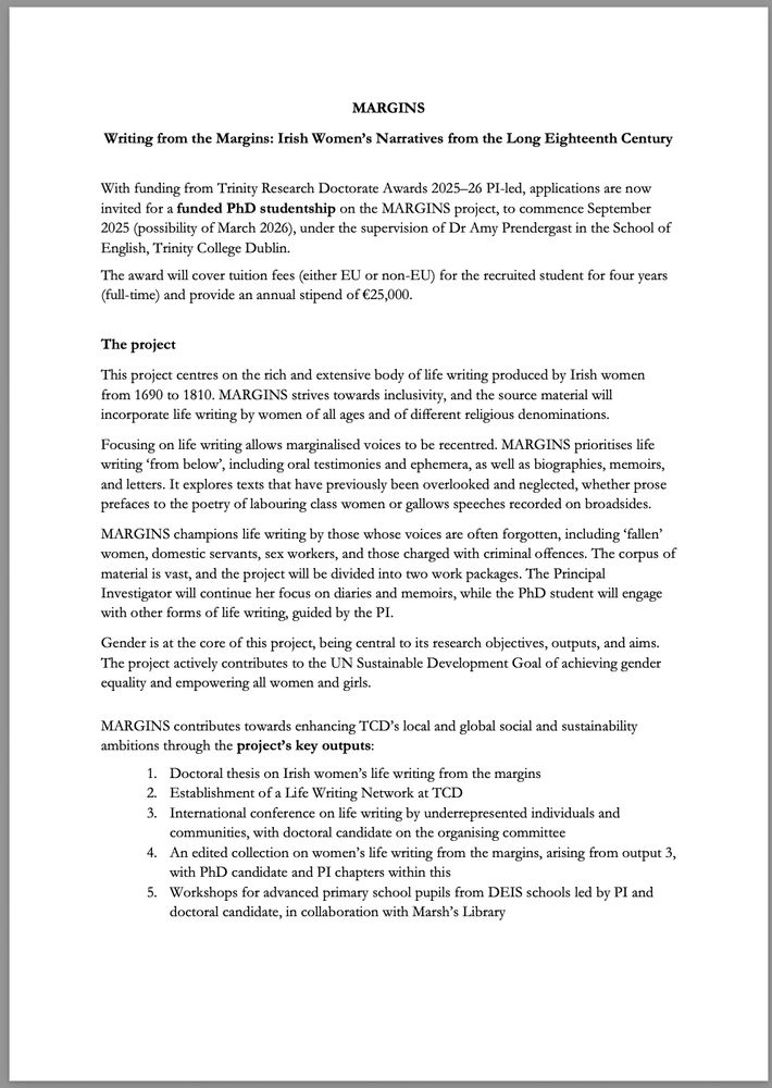 Details of funding available for PhD studentship at TCD