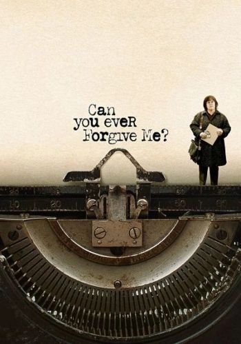 A sepia image of a typewriter with ' can you ever forgive me ? ' typed out in the middle with a woman on the right hand side
