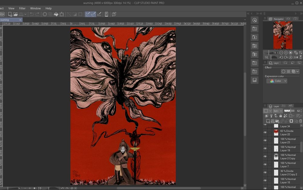 screen shot of clip studio paint with all the layers showing my progress on the art