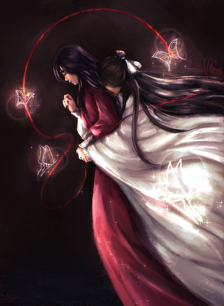 digital drawing of hualian from heaven official’s blessing during their confession scene. xie lian is hugging hua cheng from behind, his head pressed against hua cheng’s back. the scene is dark save for their bodies and clothes, illuminated by a few of hua cheng’s wraith butterflies, and the red thread connecting their fingers takes the shape of a circle framing their faces.