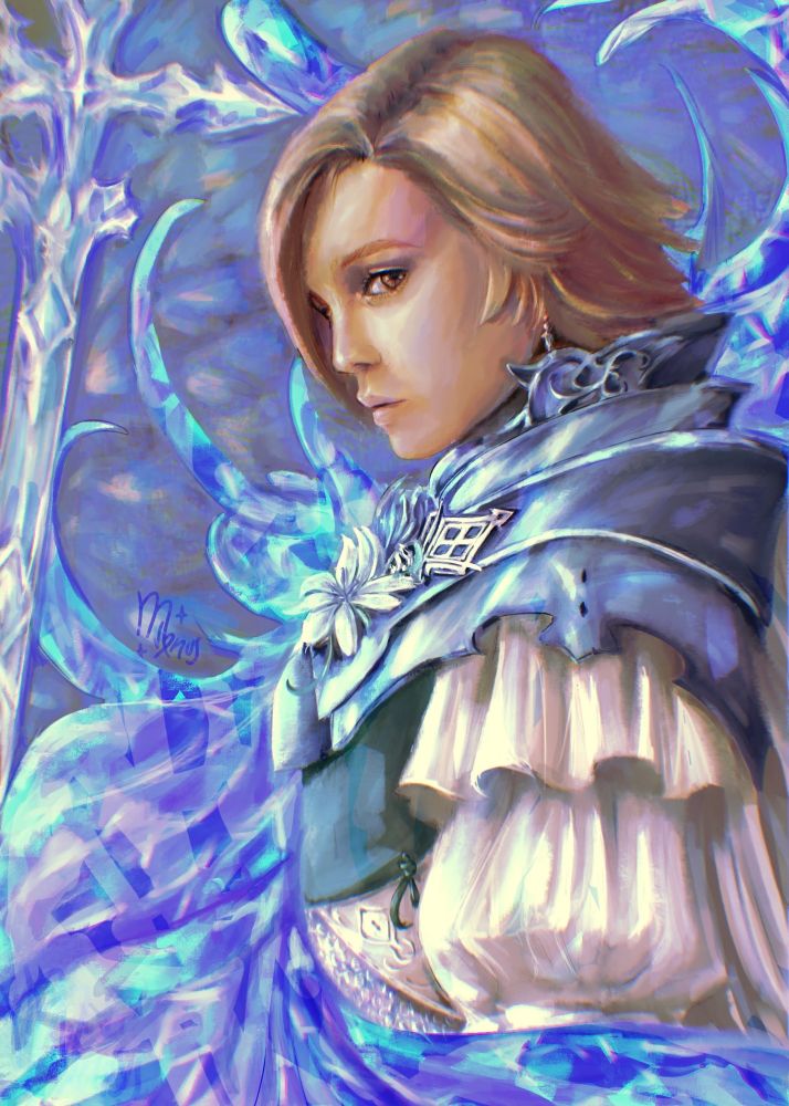 digital portrait of dion lesage from final fantasy xvi. it is a side profile of dion, simply standing, holding his dragoon lance. he’s wearing the armor shown in his concept art and the wyvern tail flower on his chest. in the background there is a pattern of bahamut’s scales, as well as a big blue crystal flower referencing the one blooming during the battle against him