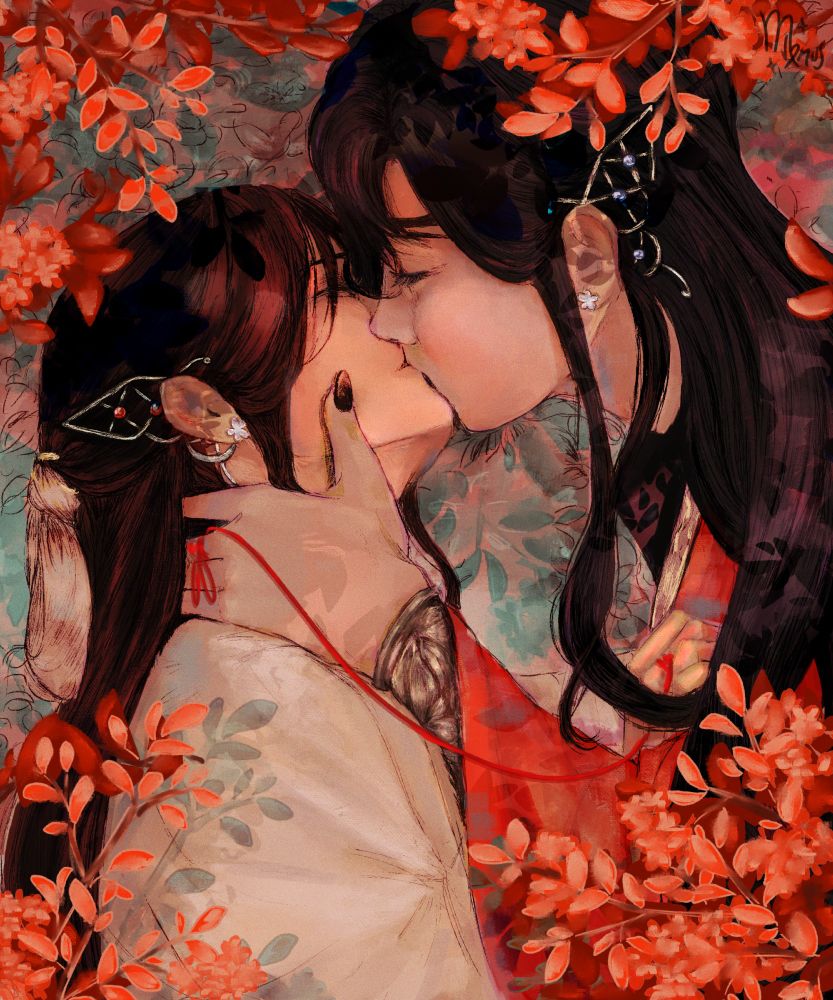 illustration of hua cheng and xie lian kissing. there are reddish leaves and flowers around them, and they're wearing their usual white and red robes, but with butterfly wing shaped ear accessories