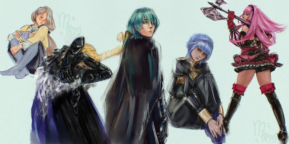 five coloured sketches of fire emblem three houses characters. from left to right: mercedes pre timeskip drinking tea, post timeskip tormented dimitri, male byleth holding the sword of the creator, pre timeskip marienne and post timeskip hilda holding an axe 