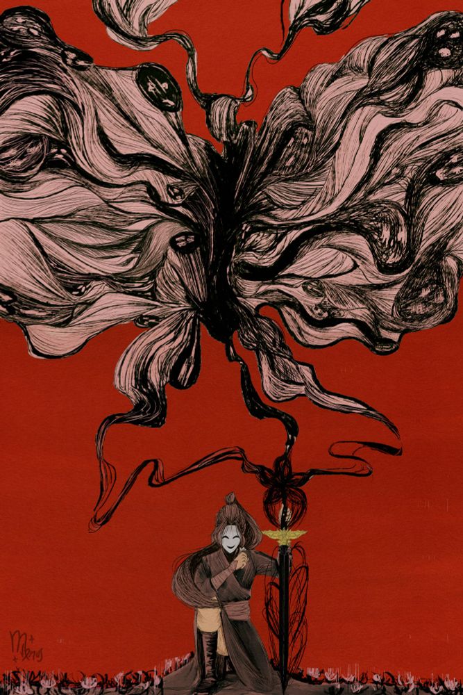 digital illustration of hua cheng from heaven official's blessing in his wu ming form. he's wearing the smiling mask, kneeling down, holding a flower in one hand and a sword in the other, and the evil spirits of the curse are coming out of the sword and shaping a big butterfly above him. the background is red with some flowers on the ground
