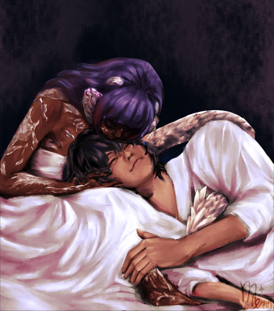 digital painting showing my friend’s warrior of light shion and aymeric from ffxiv on a dark background. shion is an au ra with white scales and two pairs of white horns, dark skin and a purple hairstyle with bangs. she’s sitting on a bed, wrapped in white bedsheets, and kissing the top of aymeric’s head, holding his face. aymeric is lying down, hugging shion’s au ra tail and smiling with his eyes closed while caressing shion’s ankle.