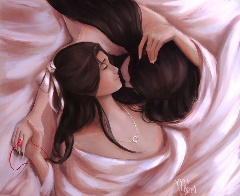 Digital painting of Hua Cheng and Xie Lian from heaven official’s blessing. they’re lying down on light pink bedsheets. Xie Lian is lying on his back and smiling at Hua Cheng, whose position is flipped, lying on his stomach. They’re holding hands and Xie Lian has an arm wrapped around Hua Cheng’s head, touching his hair and playing with the red pearl he’s wearing. They’re holding hands and there’s a red thread connecting them. Xie Lian’s ring necklace is visible and shining on his bare chest. The scene looks tender and peaceful overall.