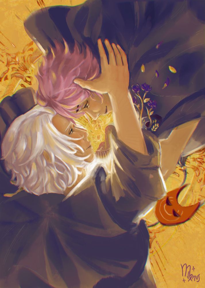 illustration of ffxiv emet selch and my version of azem. emet selch (in his ancient form) is looking up and reaching for azem, who is flying downwards to be caught by emet selch, their foreheads almost touching and emet selch’s hands ready to cup their face. emet selch’s mask is getting blown in the wind, while azem has purple flowers with golden stems growing from their mask at her chest. the background is a gold palette with the golden symbol of azem’s spell framing their faces and some sheer flowers in the middle. overall the piece looks soft and serene