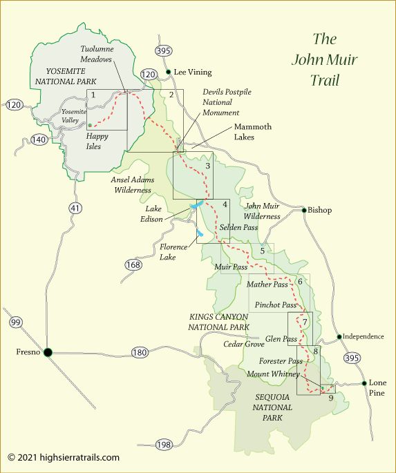 Map of the John Muir Trail showing it starting in Yosemite National Park, passing through Ansel Adams Wilderness, Devil's Postpile National Monument, the John Muir Wilderness, and King's Canyon and Sequioa National Parks, and finishing at Mount Whitney.