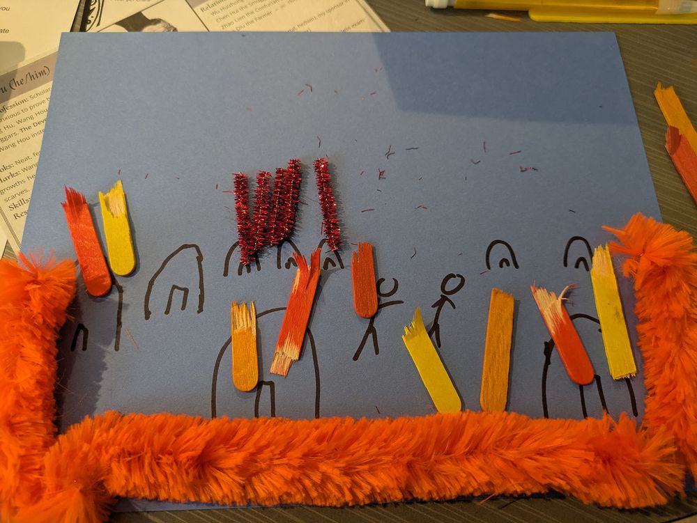 A depiction of the unfortunate incident where my vampire was forced to eliminate his mortal followers by burning down their village, which he promptly forgot about.