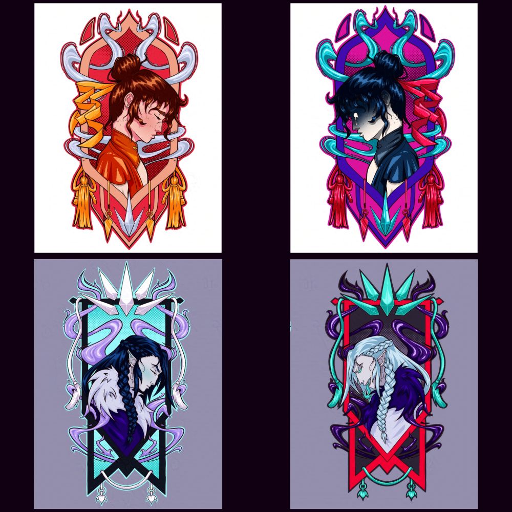 4 portraits, the top two are of Shang Qinghua, the left in oranges and yellow the right in white and dark grey. 
The bottom two are of Mobei Jun, the left in dark blues and white the right the same but reversed.
