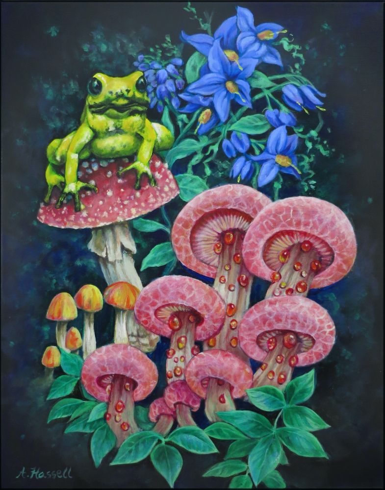 "Froggy's Garden" 14x11 inches, acrylic on canvas. Yellow poison dart frog sits atop a poisonous mushroom in his garden of dangerous mushrooms, deadly nightshade and poison ivy. I'd stay out if I were you.