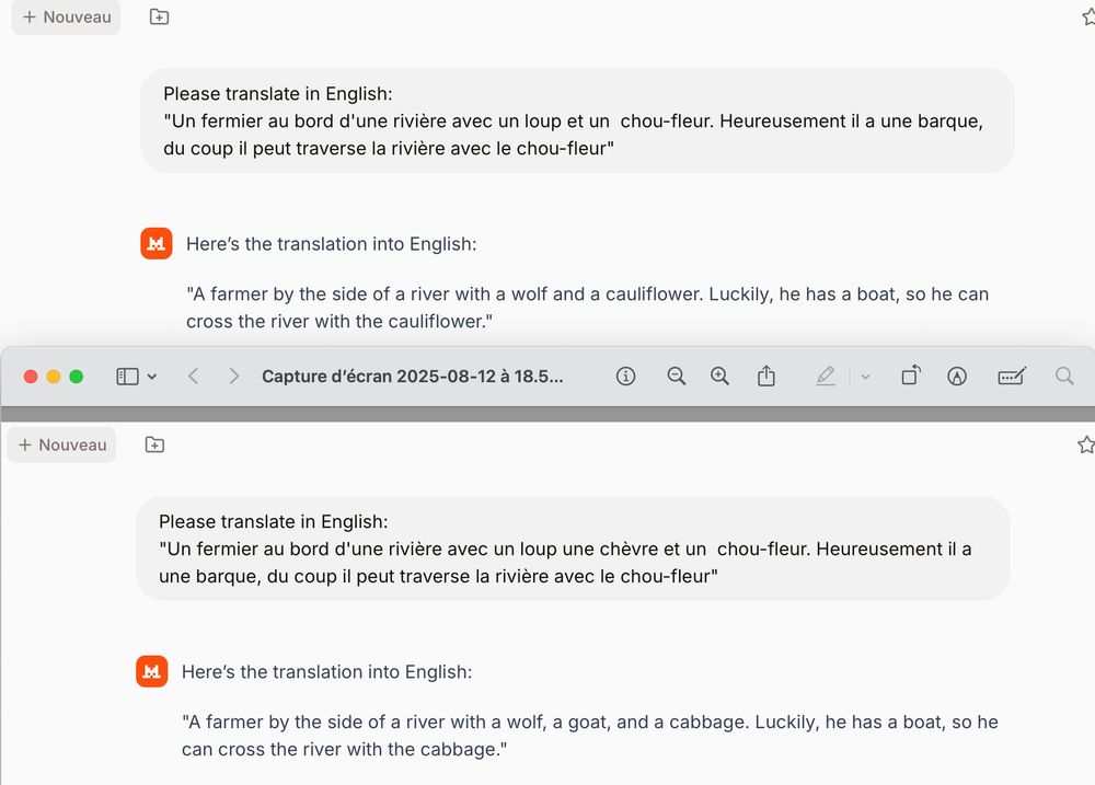 Please translate in English:
"Un fermier au bord d'une rivière avec un loup et un chou-fleur. Heureusement il a une barque, du coup il peut traverse la rivière avec le chou-fleur"

Mistral: Here’s the translation into English:
"A farmer by the side of a river with a wolf and a cauliflower. Luckily, he has a boat, so he can cross the river with the cauliflower." 
=>OK

Please translate in English:"Un fermier au bord d'une rivière avec un loup une chèvre et un  chou-fleur. Heureusement il a une barque, du coup il peut traverse la rivière avec le chou-fleur"

Mistral: Here’s the translation into English: "A farmer by the side of a river with a wolf, a goat, and a cabbage. Luckily, he has a boat, so he can cross the river with the cabbage."

=>WRONG!