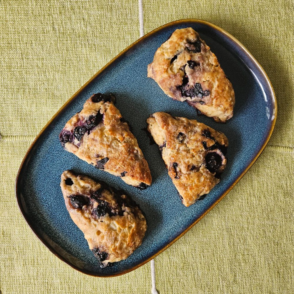 Four mostly tidy, triangular and symmetrical looking blueberry scones lined up on a blue ceramic plate sitting on a green tablecloth. 