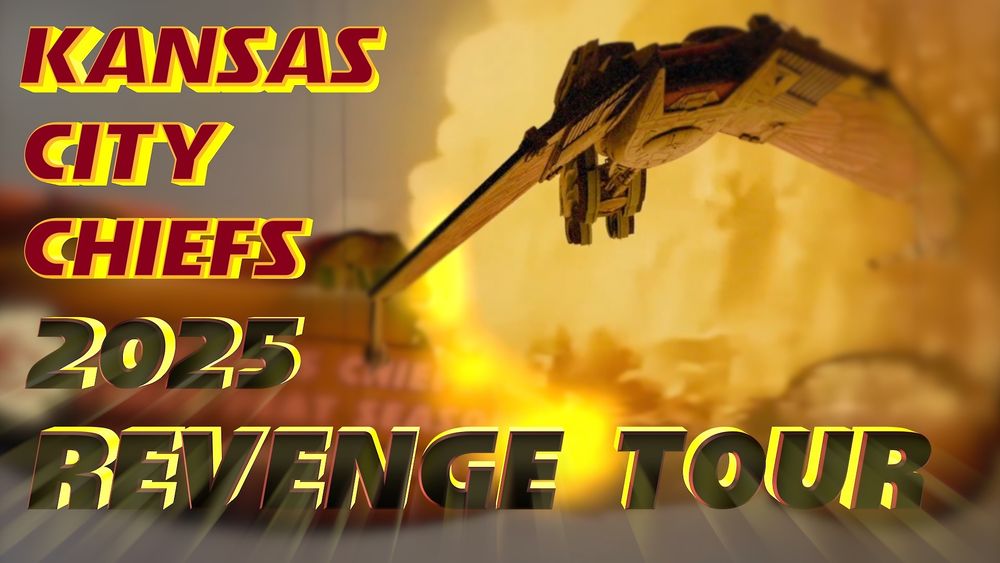 Kansas City Chiefs Revenge Tour movie trailer thumbnail image. This picture is an image the Kansas City Chiefs 3Peat blimp being shot down by a Philadelphia Bird of Prey. Text in the upper left says 