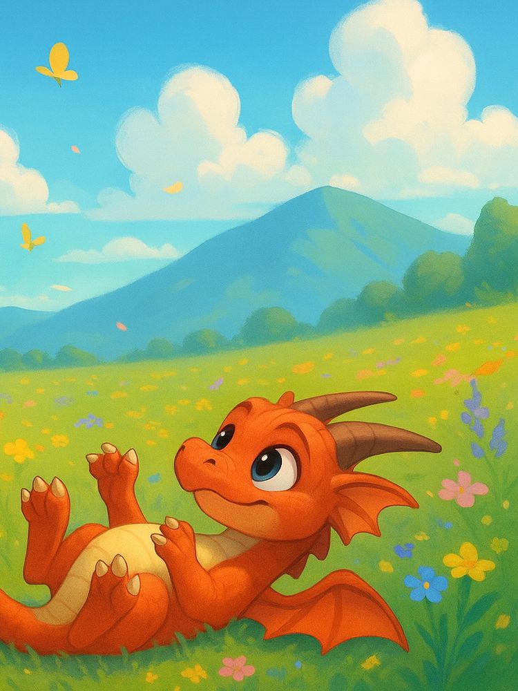 A vibrant, whimsical digital illustration in a semi-realistic and cute cartoon style, inspired by a blend of Disney, Pixar, DreamWorks, and 10% anime influence. The scene takes place in a sunlit daytime meadow filled with colorful wildflowers and backed by softly rolling mountains and fluffy white clouds in a bright blue sky.

The image features two Western-style dragons:

    On the left, a larger blue dragon with a bold, protective presence and playful energy. It stands upright on back two legs, slightly hunched forward with claws extended in a playful "rawr" gesture. Its eyes are expressive and mischievous, looking directly at the smaller dragon with warmth and amusement.

On the right, a smaller red dragon lies on its back in the grass, legs lifted in the air, gazing up at the blue dragon with wide, adoring eyes. Its posture is submissive but playful, with soft curves and a joyful expression that emphasizes innocence and trust.
The lighting is soft and natural, enhancing the warm and cheerful atmosphere. Floating petals and a few butterflies add a sense of magic and motion. The texture is smooth and clean, with soft gradients and polished surfaces—no grain or painterly texture.

Style Notes:

    Cinematic ambient light with subtle glows

Vivid but harmonious color paletteSoft, digital textures (no paint strokes or grain)Emphasis on expressive eyes and body languageBalanced composition with each dragon taking one half of the imageJoyful, enchanted meadow setting with storybook warmth
landscape layout 1792x1024