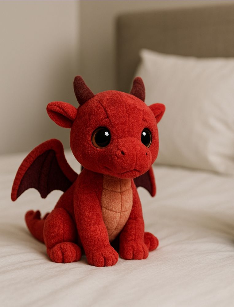 Two plush toy dragons sitting on a cozy bedroom bed with pillows behind them. The dragons are designed with a blend of modern plush toy texture and chibi-style features, soft and velvety with detailed stitching. One dragon is blues, slightly larger, standing upright with a proud and confident expression. The other dragon is red, slightly smaller, sitting with its head tilted gently, giving a shy or modest impression. Both dragons are classic Western-style with wings and horns. The focus is on the dragons, with a warm, softly lit bedroom in the background.