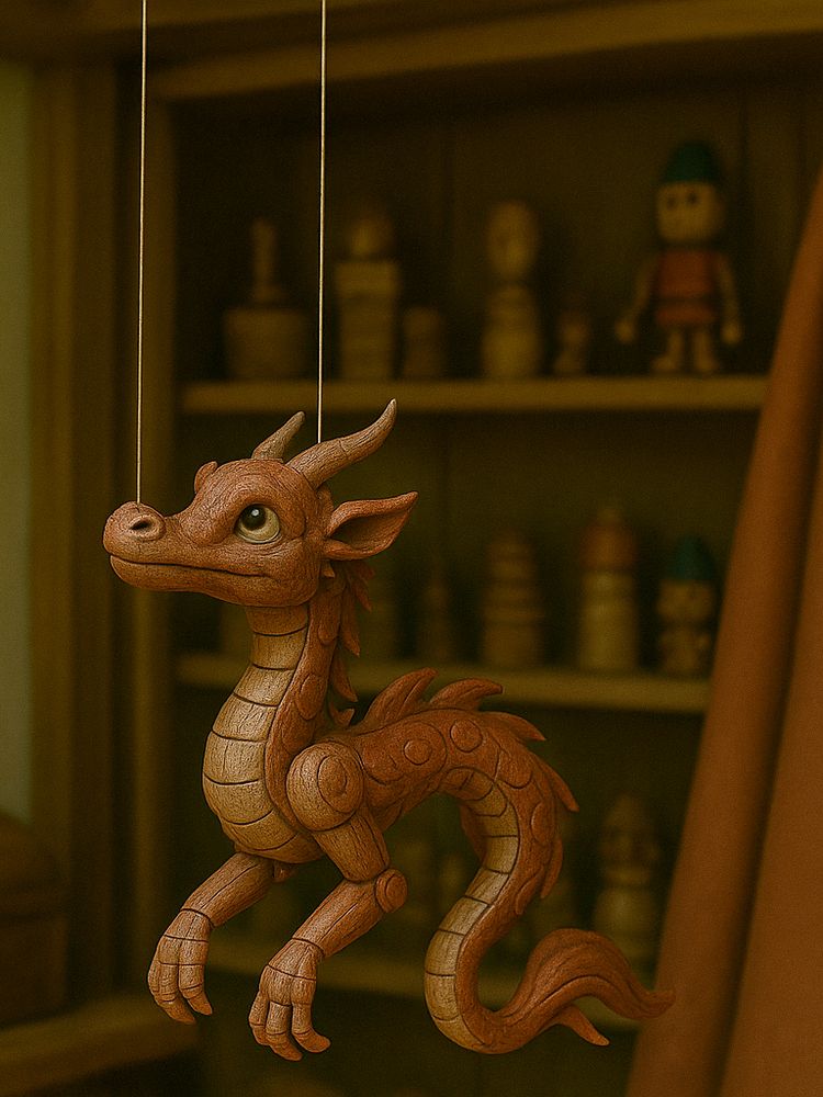 In a warmly lit, nostalgic puppet shop, two highly detailed wooden eastern-style dragon marionettes hang from visible, realistically positioned strings. The left half features a large, dominant blue-green dragon with an intense, confident expression, fierce carved brows, and sweeping wooden whiskers. Its body is intricately carved with ornate spiral patterns, jointed limbs, and polished wood grain textures. It exudes authority and elegance.

On the right, a smaller red dragon marionette gazes upward at the larger dragon with wide, submissive yet gentle eyes. The red dragon has a smoother, more delicate carving style, subtle curls in its posture, and a shy, reverent demeanor. Both dragons hang suspended midair by thin, taut strings that attach naturally at their limbs and torso, emphasizing the marionette realism.

The background shows a cozy puppet shop with wooden shelves full of other handcrafted toys, softly blurred to maintain focus on the dragons. Lighting is soft and ambient, casting warm shadows that enhance the rich wooden textures. The entire scene evokes a whimsical but grounded tone, blending craftsmanship with personality.

Style:
Photorealistic, warm indoor lighting, rich woodgrain detailing, handcrafted marionette realism. Inspired by fine woodworking and antique toy displays. Subtle fantasy undertones, no painterly texture, clean and digital clarity.