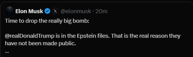 Elon Musk X post, "Donald Trump is in the Epstein files"
