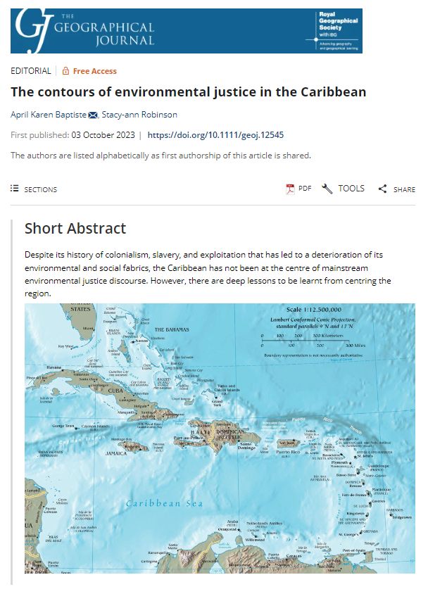 Screenshot of an abstract for a paper in the GJ by April Karen Baptiste & Stacy-ann Robinson (2023) entitled 'The contours of environmental justice in the Caribbean' including a map of the region.
