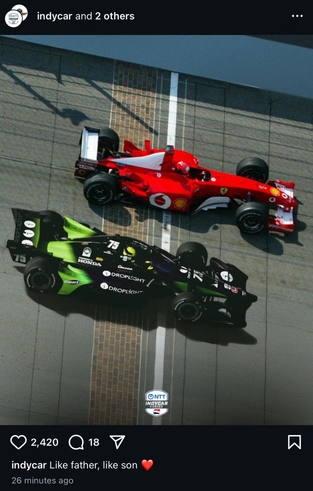 An instagram post from Indycar superimposing Mick Schumacher testing the RLL #75 next to his dad’s race winning Ferrari crossing the bricks at Indy