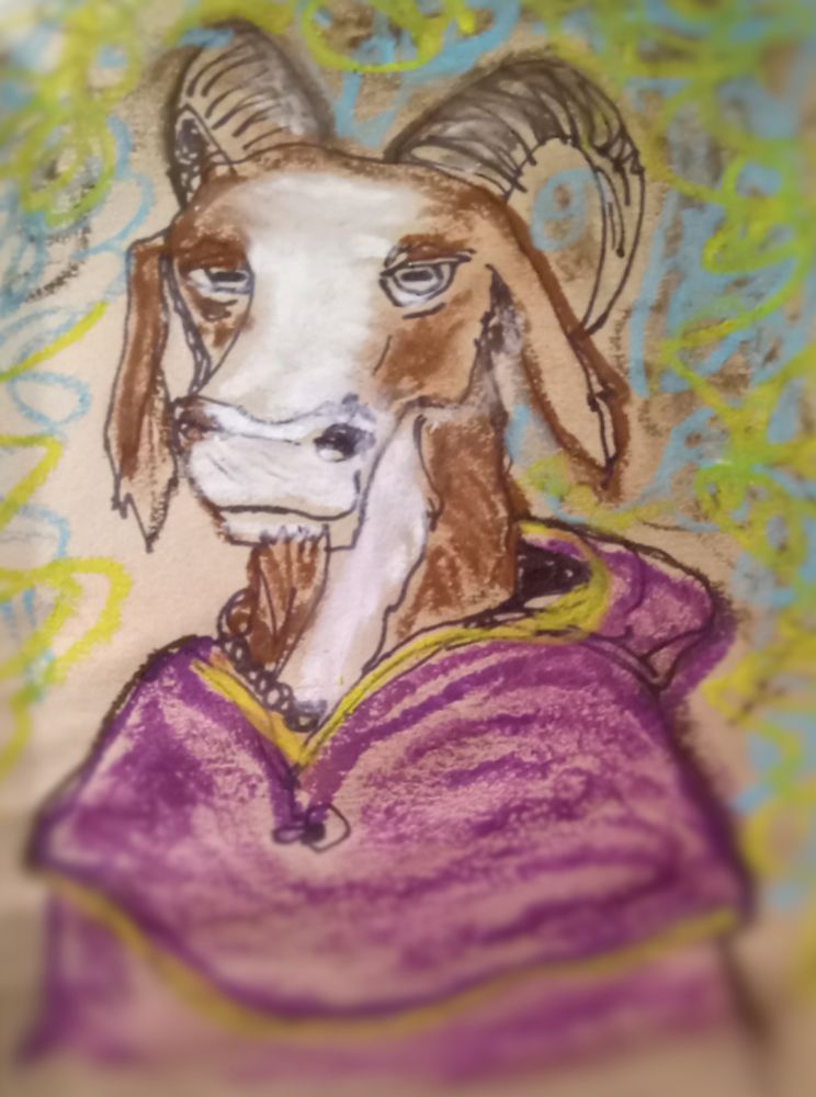 A humanoid goat-creature in a purple cloak.
Ink and oil pastels