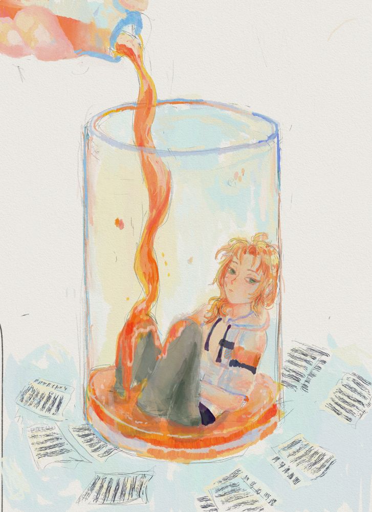 #art of Leo tsukinaga from #enstars aka hit game ensemble stats, inside a coup, gloomy expression, 
grapefruit juice poured inside